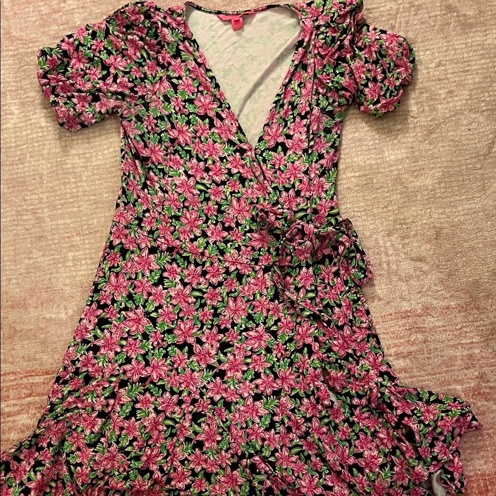 Lilly Pulitzer Black Dress with Pink and Green Floral